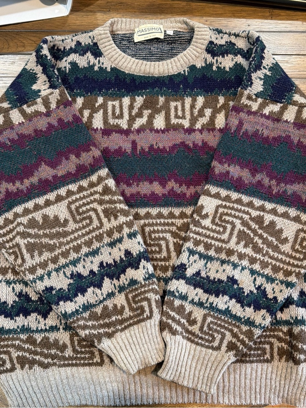 Massimo Crewneck Sweater in Cream, Brown, Teal & Plum